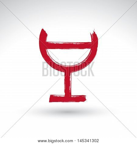Hand drawn simple half full wineglass brush drawing goblet icon hand-painted glass of red wine isolated on white background.