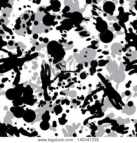 Black and white vector ink splash seamless pattern monochrome dirty graphic art repeat backdrop with overlap acrylic spots