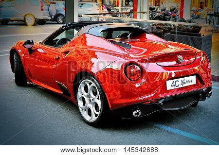 Santa Margherita Italy - August 272016: Alfa Romeo 4C Spider on Alfa Romeo Summer Tour 2016 in Santa Margherita.
