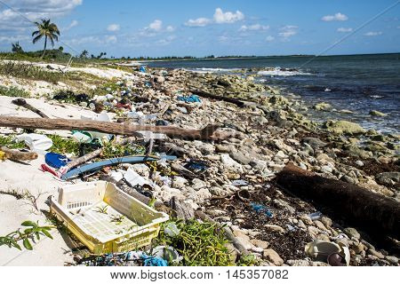 Mexico Coastline Pollution Problem with plastic litter