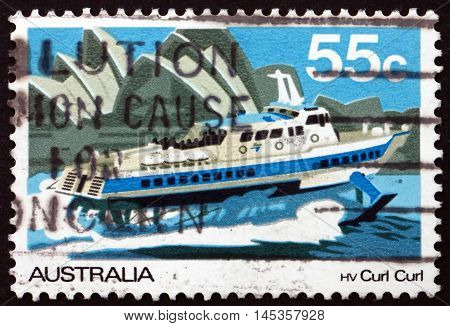 AUSTRALIA - CIRCA 1979: a stamp printed in the Australia shows Hydrofoil Curl Curl Riverboat Murray River circa 1979