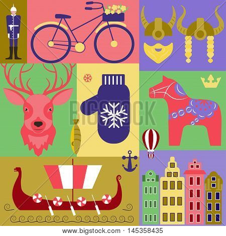 Vector set with elements and symbols of Sweden. Traditional Swedish souvenir, clothes, landmarks. Perfect promotion for greeting card, flyer, booklets and articles abClipart for greeting cards and fabric out Scandinavia.