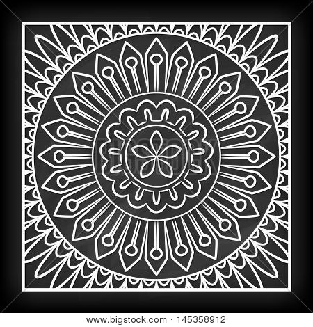 Doodle mandala flower on chalkboard. Outline floral design element. Coloring book pattern. Decorative round flower. Anti-stress therapy pattern on white background. Meditation poster. Vector illustration.