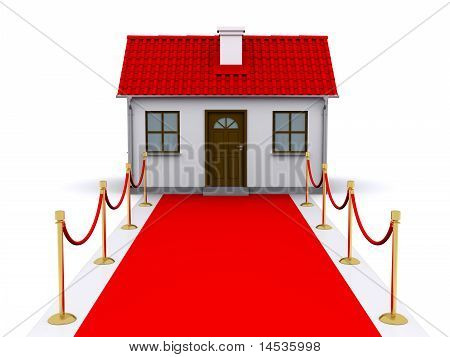 piccola casa con tetto rosso e tappeto rosso