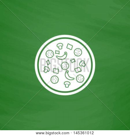 Pizza Simple line vector button. Imitation draw with white chalk on blackboard. Flat Pictogram and School board background. Outine illustration icon
