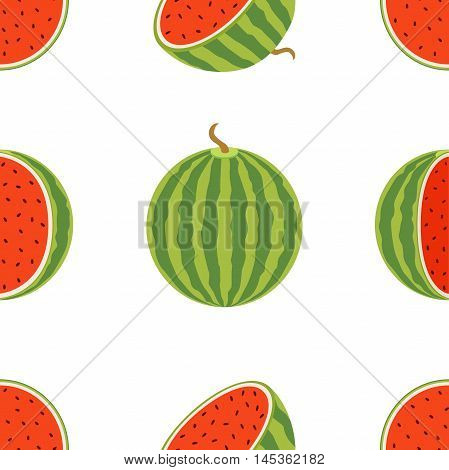 Pattern of juicy whole watermelons and slices in flat vector style. Watermelon illustration.
