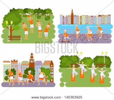 Banners Elderly people doing exercises. Healthy lifestyle, active lifestyle retiree. Sport for grandparents, elder Yoga in park and Ride for Seniors in city. Vector illustration eps 10
