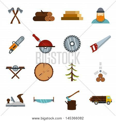 Timber industry icons set in flat style. Lumberjack equipment set collection vector illustration