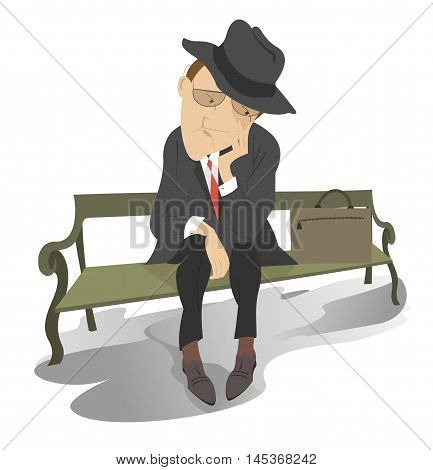 Sad man on the bench. Man in low spirits sits alone on the bench