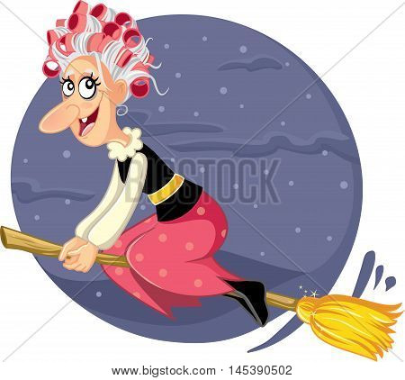 Funny Halloween Wicked Witch Flying on a Broomstick Vector Cartoon Illustration