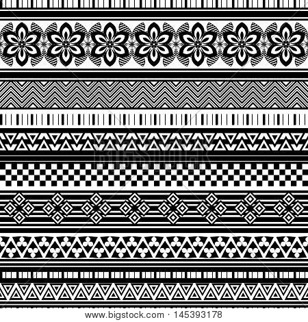 Tribal seamless pattern. Abstract background with ethnic ornament. Seamless background with different geometric shapes. Black and white. Vector illustration