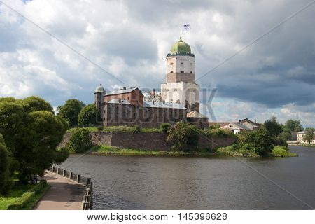 View of the medieval Vyborg castle cloud day in august. Vyborg Russia
