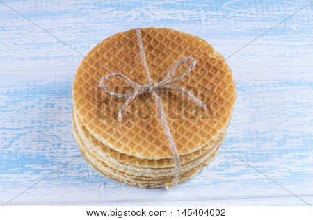 Stack Of Dutch Caramel Waffles. Strack Of Traditional Dutch Waffle Called Stroopwafel Tied With A Bo