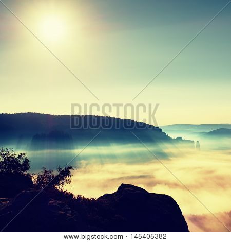 View over sandstone cliff into deep misty valley in Saxony Switzerland. Sandstone peaks increased from foggy background the fog is orange due to sunrise.