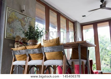 Living Room Interior Decoration Cafe Coffee With Wooden Bar And Chair Barstool