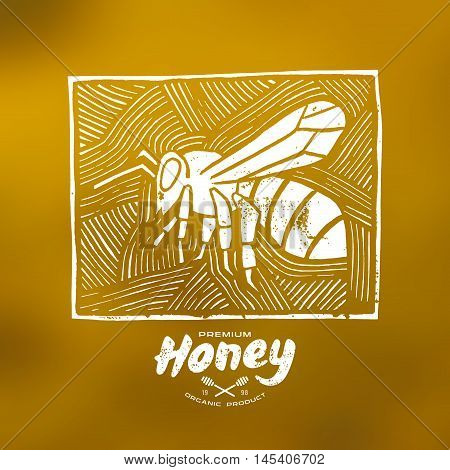 Stock vector linocut with a picture of bee and honey label. White print on blurred background