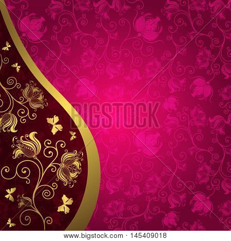 Vintage gold-purple frame with translucent flowers (vector EPS 10)