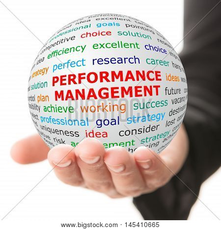 Coach concept. Hand take white ball with wordcloud and Performance management words in red color.