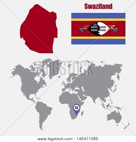 Swaziland map on a world map with flag and map pointer. Vector illustration