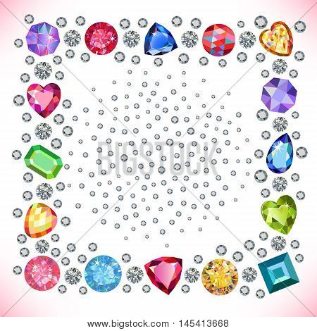Colored gems square shape frame isolated on light background vector illustration