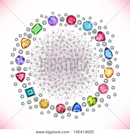 Colored gems square round frame isolated on light background vector illustration