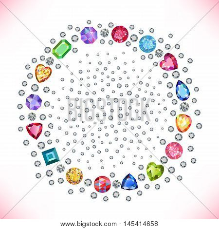 Colored gems square round frame isolated on light background vector illustration
