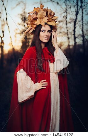 Portrait of a Beautiful Woman With Autumn Leaves Crown