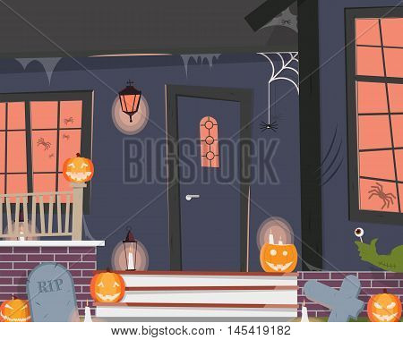 View of the entrance to the house decorated for Halloween. Vector illustration