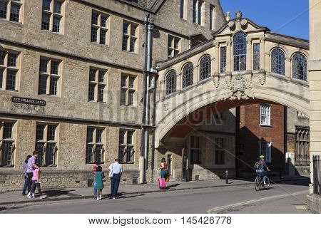 OXFORD UK - AUGUST 12TH 2016: A view of the Bridge of Sighs (also known as Hertford Bridge) in the city of Oxford on 12th August 2016.
