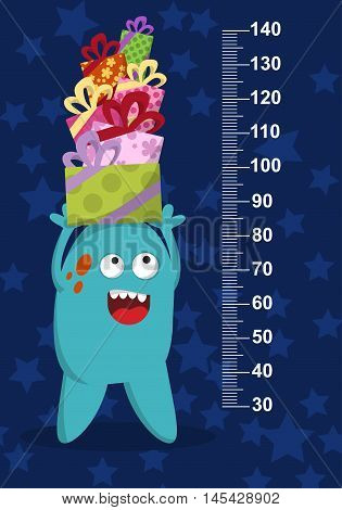 Happy Blue Monster With Gifts On Background With Stars. Stadiometer. Vector