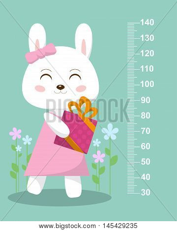 Cute Bunny With A Gift On A Background Of Flowers. Stadiometer. Vector