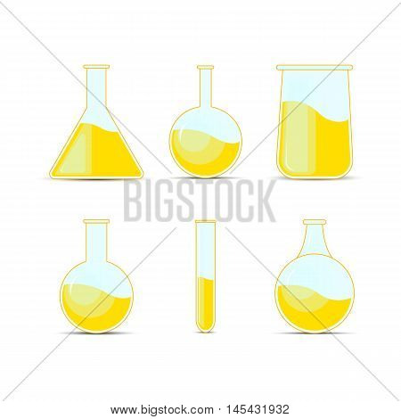 Set Chemical Flask. Erlenmeyer Flask, Distilling Flask, Volumetric Flask, Test Tube. Vector Illustra