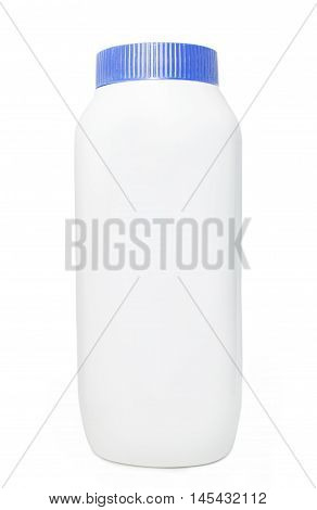 Plastic bottles of talcum powder on white background with clipping path