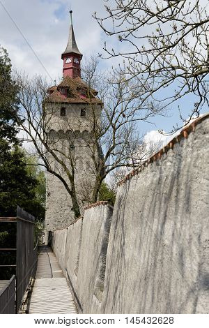 LUCERNE SWITZERLAND - MAY 04 2016: One of the nine survived towers of well-preserved ancient city walls is a part of Lucerne's ancient city walls called the Musegg