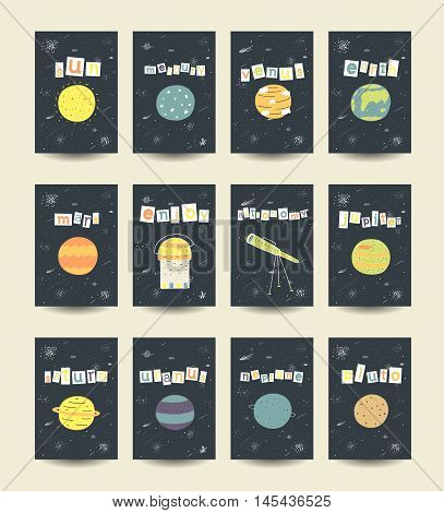Cute hand drawn doodle cards brochures with comic objects planets including sun mercury venius earth mars jupiter saturn uranus neptune pluto stars galaxy comet milky way telescope