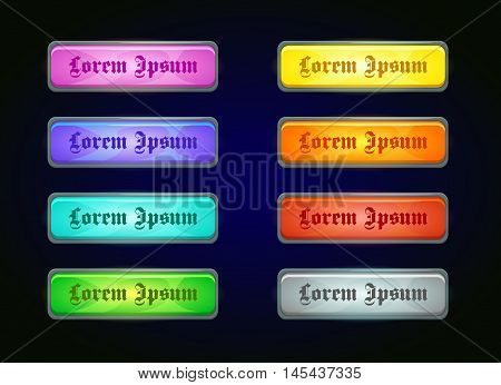 Colorful shiny horizontal game templates on dark background, vector game assets for epic GUI
