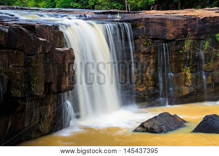 Orange Waterfall Of Thailand In Rainny Season