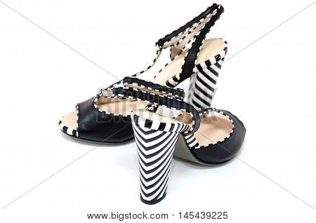 Womens High Heeled Leather Slingbacks With Striped Heels On White Background.
