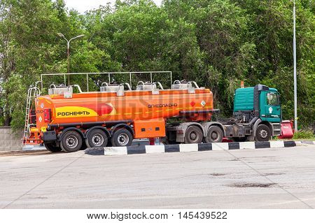 SAMARA RUSSIA - JUNE 25 2016: Rosneft Oil Truck at the gas station. Rosneft is one of the largest russian oil companies