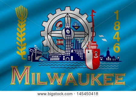 Flag of Milwaukee in the State of Wisconsin of United States. 3D illustration