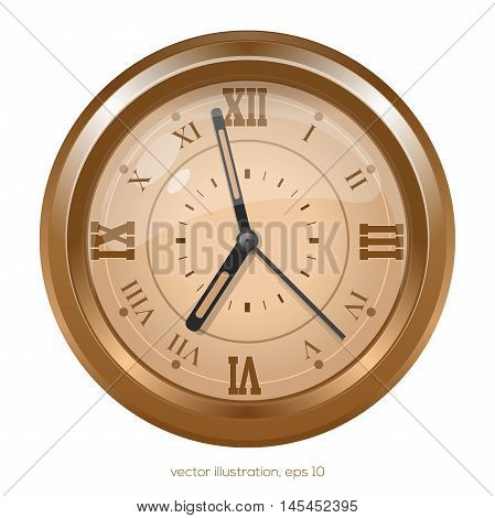 Gold street clock with roman numerals on a white background. Vector illustration.