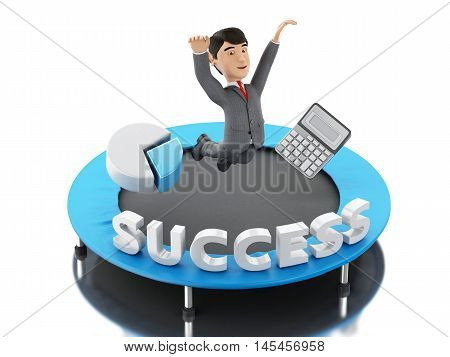 3d Illustration. Businessman jumping on a trampoline with word success. Business and success concept. Isolated white background.