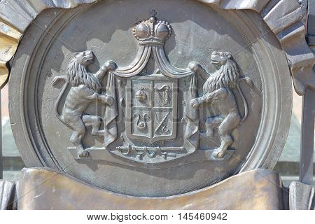 BORODINO RUSSIA - 2014 29th June: A bas-relief with the Russian princes Bagration coat of arms on a tomb of Peter Bagration in Borodino Russia.