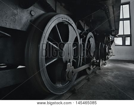 2016/08/28 - Chomutov Czech republic - big steel wheels of steam locomotive 310.0118 