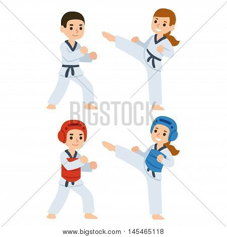 Boy and girl fighting in kimonos and taekwondo uniform. Martial arts for kids illustration.