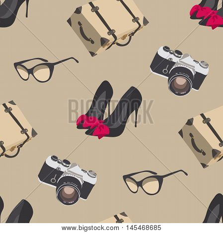 Retro travel. Seamless pattern with camera, sunglasses, suitcase, shoes with red bow