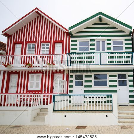 Traditional beach houses in Costa Nova a famous beach near Aveiro Centro Portugal