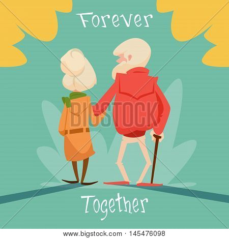 Senior Couple Walking Forever Together Grandparents Day Greeting Card Flat Vector Illustration