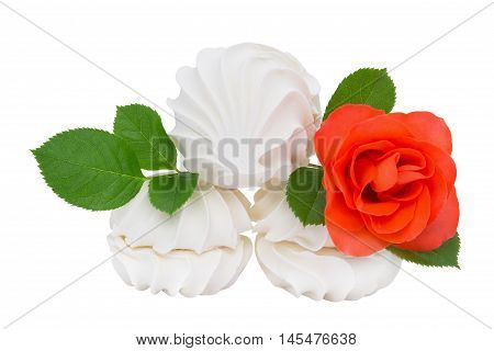 Marshmallows souffle isolated on white background. Decorated with flowers.