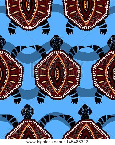 Seamless pattern with turtles on blue wavy background